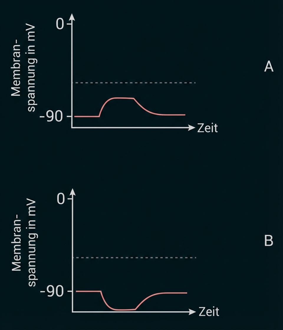 Zwei Diagramme (A, B) mit Membranspannung über Zeit; A: kurz Depolarisation, B: kurz Hyperpolarisation, Basis bei −90 mV